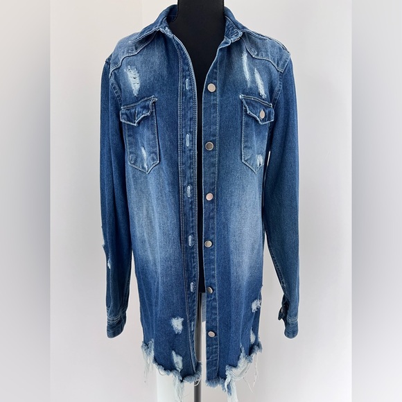 American Bazi Jackets & Blazers - American Bazi - Women’s DISTRESSED DENIM Jean Jacket size M 100% Cotton